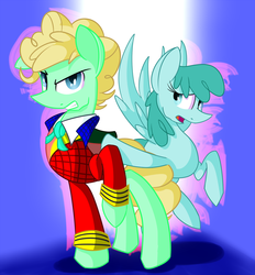 Size: 1200x1291 | Tagged: safe, artist:bluey, artist:miroslav46, doctor whooves, spring melody, sprinkle medley, time turner, g4, clothes, cravat, doctor who, frock coat, ponified, shirt, sixth doctor, the explosion in a rainbow factory