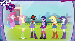 Size: 878x482 | Tagged: safe, applejack, fluttershy, pinkie pie, rainbow dash, rarity, twilight sparkle, ghost, equestria girls, g4, balloon, become an equestria girl, boots, bracelet, clothes, ghostpolitics, giggling, high heel boots, jewelry, jumping, skirt, soccer field, the man they call ghost, true capitalist radio