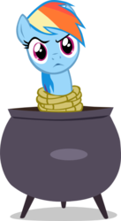 Size: 400x729 | Tagged: safe, artist:sakenichi, rainbow dash, pegasus, pony, g4, magical mystery cure, a true true friend, cauldron, female, looking at you, mare, multicolored hair, person as food, rainbond dash, rainbow dash is not amused, rainbow hair, rope, simple background, solo, tied up, transparent background, unamused, unsexy bondage, vector