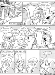 Size: 944x1294 | Tagged: safe, artist:capnpea, fluttershy, pinkie pie, rainbow dash, spike, twilight sparkle, alicorn, dragon, earth pony, pegasus, pony, comic:three apples, g4, comic, female, male, mare, monochrome, ponyville train station, stallion, train station, twilight sparkle (alicorn)