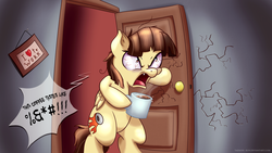 Size: 1920x1080 | Tagged: safe, artist:tadashi--kun, wild fire, pegasus, pony, g4, angry, bipedal, bloodshot eyes, censored vulgarity, coffee, cracks, dexterous hooves, door, female, grawlixes, mare, messy mane, morning ponies, mug, rage, solo, wild fire is not amused