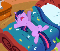 Size: 629x540 | Tagged: safe, screencap, spike, twilight sparkle, pony, unicorn, g4, lesson zero, season 2, animated, bed, belly, blanket, covered, cropped, duo, female, flailing, gif, leg wiggle, lying down, mare, on back, overhead view, pillow, unicorn twilight