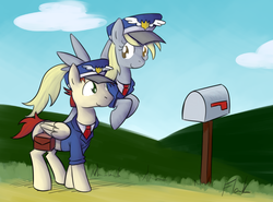 Size: 1252x927 | Tagged: safe, artist:flak, artist:php131, care package, derpy hooves, special delivery, pegasus, pony, g4, clothes, collaboration, duo, female, flying, mailpony, male, mare, stallion, underp, uniform