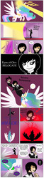 Size: 1082x4392 | Tagged: safe, artist:crydius, princess celestia, oc, human, g4, comic, dark magic, fight, magic, non-mlp oc