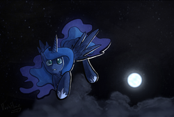 Size: 6000x4023 | Tagged: safe, artist:darkflame75, princess luna, g4, absurd resolution, cloud, cloudy, dark, female, flying, gritted teeth, moon, solo, spread wings