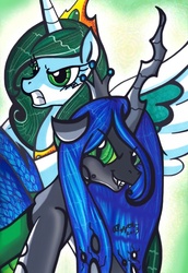 Size: 434x632 | Tagged: safe, artist:aurora-chiaro, queen chrysalis, alicorn, changeling, changeling queen, pony, g4, duality, female, traditional art