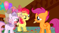 Size: 960x540 | Tagged: safe, artist:superedit, edit, edited screencap, screencap, apple bloom, scootaloo, sweetie belle, call of the cutie, g4, animated, bullying, cookie, crying, cutie mark crusaders, fail, female, gif, laughing, mocking, sad, scootabuse, the great and powerful superedit