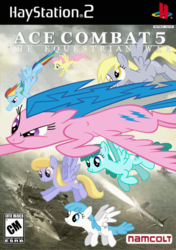 Size: 702x1000 | Tagged: safe, artist:nickyv917, cloud kicker, derpy hooves, firefly, fluttershy, lightning bolt, rainbow dash, spring melody, sprinkle medley, white lightning, pegasus, pony, g1, g4, ace combat, box art, fanfic, fanfic art, female, game cover, mare, playstation 2, video game