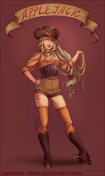 Size: 416x700 | Tagged: safe, artist:sparrow-chan, applejack, human, g4, banner, boots, female, humanized, light skin, old banner, rope, solo