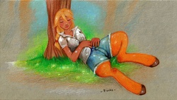 Size: 1811x1028 | Tagged: safe, artist:-fuchs-, oc, oc only, oc:cinnamon cider, satyr, clothes, colored, parent:applejack, resting, sleeping, solo, traditional art, tree