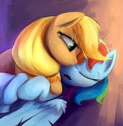 Size: 1919x1967 | Tagged: safe, artist:sokolas, applejack, rainbow dash, g4, blushing, cute, female, kissing, lesbian, ship:appledash, shipping