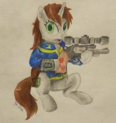 Size: 866x923 | Tagged: safe, artist:teschke, oc, oc only, oc:littlepip, pony, unicorn, fallout equestria, clothes, cutie mark, fanfic, fanfic art, female, gun, handgun, hooves, horn, jumpsuit, little macintosh, mare, open mouth, optical sight, pipbuck, revolver, simple background, sitting, solo, vault suit, weapon, white background