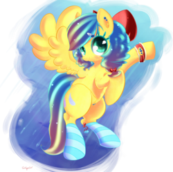Size: 896x892 | Tagged: safe, artist:carligercarl, sunshower raindrops, g4, alternate hairstyle, background pony, belly chain, bow, clothes, earring, female, hair bow, hairclip, jewelry, looking at you, rearing, smiling, socks, solo, spread wings, striped socks