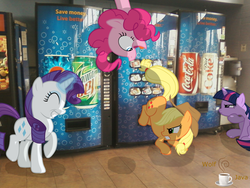 Size: 1280x960 | Tagged: dead source, safe, artist:wolfjava, applejack, pinkie pie, rarity, twilight sparkle, earth pony, pony, unicorn, g4, cans, irl, magic, photo, ponies in real life, shadow, soda, vector, vending machine, walmart