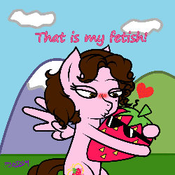Size: 1000x1000 | Tagged: safe, artist:random-grimm, oc, oc only, oc:shinta pony, animated, strawberry, that is my fetish
