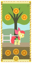 Size: 400x775 | Tagged: safe, artist:janeesper, apple bloom, g4, coin, female, saddle bag, six of coins, six of diamonds, solo, tarot card, tree