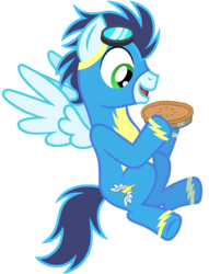 Size: 2200x2880 | Tagged: safe, artist:wildtiel, soarin', pegasus, pony, g4, badge, flying, food, goggles, male, pie, simple background, solo, stallion, that pony sure does love pies, transparent background, wonderbolts uniform