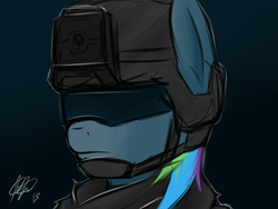 Size: 1280x960 | Tagged: safe, artist:amnease, rainbow dash, g4, dark, female, helmet, military, portrait, solo