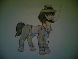 Size: 640x480 | Tagged: safe, artist:grugonk, artist:magnolia667, pony, cigarette, daisuke jigen, lupin the 3rd, ponified, simple background, solo, traditional art