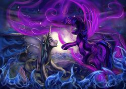 Size: 2481x1754 | Tagged: dead source, safe, artist:viwrastupr, princess celestia, twilight sparkle, g4, angry, epic, magic