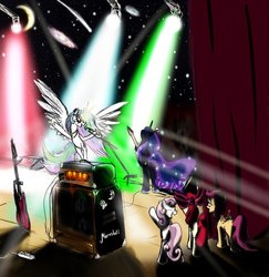 Size: 881x907 | Tagged: safe, artist:spacehunt, apple bloom, princess celestia, princess luna, scootaloo, sweetie belle, alicorn, earth pony, pegasus, pony, unicorn, g4, band, concert, crowd, cutie mark crusaders, electric guitar, female, filly, foal, galaxy, guitar, heavy metal, lights, mare, meteora, musical instrument, night, rock (music), singing, song, speaker, stage, stars
