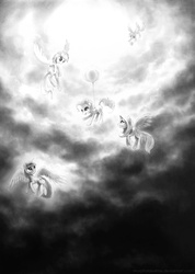 Size: 1500x2110 | Tagged: safe, artist:murphylaw4me, derpy hooves, fluttershy, pinkie pie, rainbow dash, twilight sparkle, alicorn, pony, g4, balloon, cloud, cloudy, dark, female, flying, low angle, mare, monochrome, sky, traditional art, twilight sparkle (alicorn), vertigo