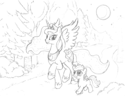 Size: 792x613 | Tagged: safe, artist:oomles, princess luna, scootaloo, g4, monochrome, moon, traditional art