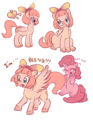 Size: 843x1095 | Tagged: dead source, safe, artist:luvlymilk, pinkie pie, oc, oc:peach (luvlymilk), earth pony, pegasus, pony, g4, accessory theft, bow, crying, dialogue, female, folded wings, glasses, laughing, licking, licking lips, mare, open mouth, spread wings, tears of laughter, tongue out, unshorn fetlocks, wings