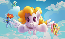 Size: 2000x1200 | Tagged: safe, artist:zoiby, fluttershy, lyra heartstrings, rainbow dash, surprise, alicorn, pony, g4, alicornified, cloud, cloudy, flying, looking at you, lyracorn, race swap