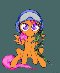 Size: 1000x1200 | Tagged: safe, artist:darkdoomer, scootaloo, pegasus, pony, g4, female, filly, gif, green background, helmet, looking at you, mask, non-animated gif, oxygen mask, pilot, scootaloo can fly, simple background, sitting, solo