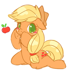 Size: 803x851 | Tagged: safe, artist:ingi, applejack, g4, apple, cute, female, obligatory apple, pixiv, simple background, solo