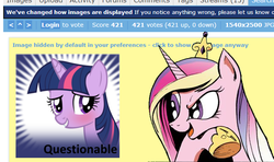 Size: 660x390 | Tagged: safe, idw, princess cadance, twilight sparkle, alicorn, pony, unicorn, derpibooru, g4, spoiler:comic, blushing, deeply intrigued cadance, female, looking at each other, mare, meme, meta, smiling