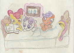 Size: 422x305 | Tagged: safe, apple bloom, fluttershy, scootaloo, sweetie belle, g4, bed, book, cutie mark crusaders, scared, syringe