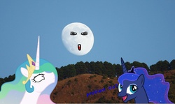 Size: 1600x956 | Tagged: safe, princess celestia, princess luna, g4, day, irl, moon, photo, ponies in real life, troll
