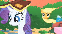 Size: 640x354 | Tagged: safe, screencap, applejack, rarity, g4, book hat, meme, youtube caption