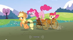 Size: 640x355 | Tagged: safe, edit, edited screencap, screencap, apple bloom, applejack, pinkie pie, earth pony, pony, g4, apple, caption, female, filly, foal, food, mare, meme, text, tree, youtube caption