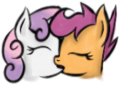 Size: 170x120 | Tagged: safe, scootaloo, sweetie belle, g4, female, kiss on the lips, kissing, lesbian, ship:scootabelle