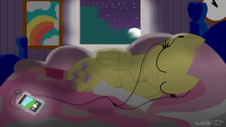 Size: 1920x1080 | Tagged: safe, artist:bvsquare, fluttershy, g4, bed, earbuds, female, sleeping, solo, window