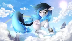 Size: 1280x720 | Tagged: safe, artist:takuyarawr, oc, oc only, pegasus, pony, cloud, cloudy, lens flare, looking at you, rainbow, solo