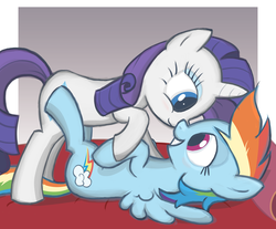 Size: 1390x1150 | Tagged: safe, artist:langbard, rainbow dash, rarity, pegasus, pony, unicorn, g4, bed, blushing, female, lesbian, looking at each other, mare, on back, on bed, ship:raridash, shipping, smiling
