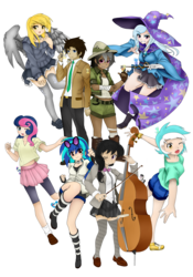 Size: 2100x3000 | Tagged: safe, artist:magico-enma, bon bon, daring do, derpy hooves, dj pon-3, doctor whooves, lyra heartstrings, octavia melody, sweetie drops, time turner, trixie, vinyl scratch, human, background pony, background six, cello, clothes, dark skin, female, high res, humanized, light skin, male, moderate dark skin, musical instrument, simple background, sonic screwdriver, transparent background, winged humanization, wings