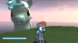 Size: 850x476 | Tagged: safe, artist:oddwarg, rainbow dash, g4, 3d, armor, lyra plushie, wat