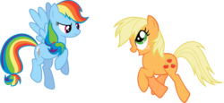 Size: 1500x691 | Tagged: safe, artist:rolin11, applejack, rainbow dash, earth pony, pegasus, pony, g4, alternate hairstyle, duo, duo female, female, forthright filly, hilarious in hindsight, mane swap, mare, simple background, transparent background
