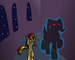 Size: 1000x800 | Tagged: safe, artist:turkleson, grogar (g1), sunset shimmer, goat, pony, sheep, unicorn, equestria girls, g1, g4, my little pony equestria girls, duo, female, g1 to g4, generation leap, male, mare, ram, shadow