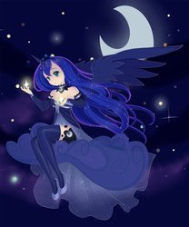 Size: 815x981 | Tagged: safe, artist:sylphlox, princess luna, human, g4, clothes, cloud, crescent moon, cutie mark on human, dress, ethereal mane, female, horn, horned humanization, humanized, light skin, night, solo, starry mane, tangible heavenly object, winged humanization