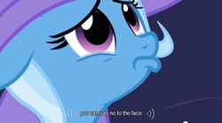 Size: 640x355 | Tagged: safe, screencap, trixie, pony, unicorn, g4, magic duel, blatant lies, female, mare, meme, solo, youtube caption