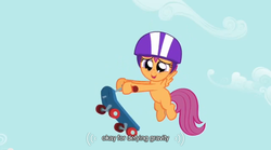 Size: 640x355 | Tagged: safe, screencap, scootaloo, g4, sleepless in ponyville, female, meme, scooter, solo, youtube caption