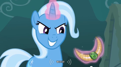 Size: 640x355 | Tagged: safe, screencap, trixie, pony, unicorn, g4, magic duel, female, magic, mare, meme, solo, youtube caption