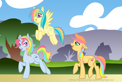 Size: 1611x1086 | Tagged: safe, artist:the-clockwork-crow, moonstone, skydancer, trickles, earth pony, pegasus, pony, g1, g4, g1 to g4, generation leap