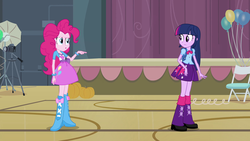 Size: 1920x1080 | Tagged: safe, screencap, pinkie pie, twilight sparkle, equestria girls, g4, my little pony equestria girls, balloon, boots, bracelet, camera, clothes, high heel boots, pointing, pumpkin, skirt